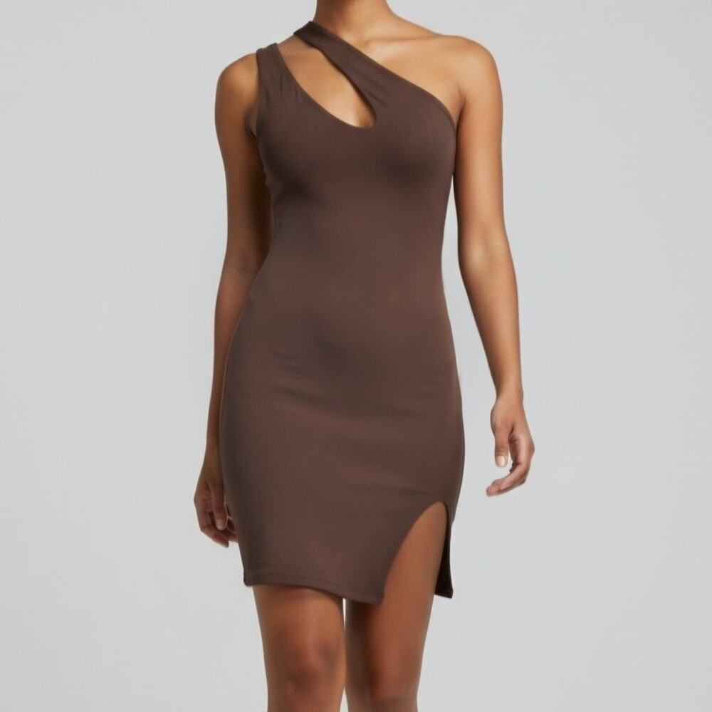 Naked Wardrobe Mini Dress Brown One Shoulder Front Slit Bodycon Size M NWOT